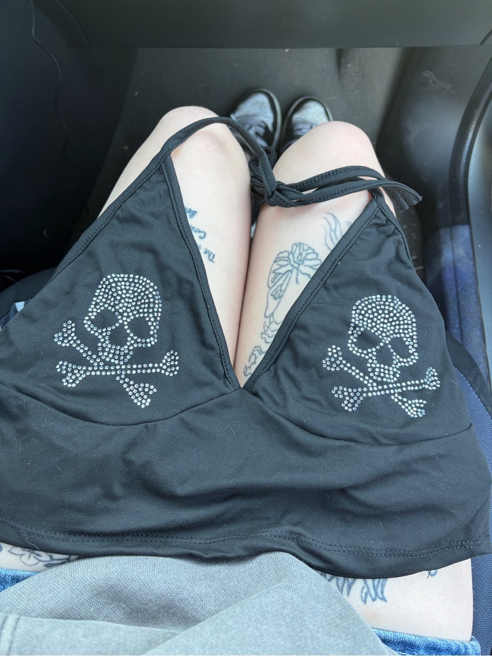 Black Rhinestone Skull Triangle Halter Top